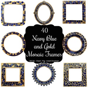 Könnte beinhalten: Set mit 40 Rahmen in Marineblau und Goldmosaik. Die Rahmen sind in verschiedenen Formen, darunter quadratisch, rund und oval. Die Rahmen sind perfekt, um jedem Projekt einen Hauch von Eleganz zu verleihen.