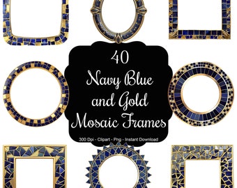 Midnight Mosaic: 40 Navy Blue and Gold Mosaic Frames Clipart Set