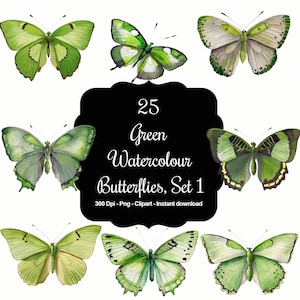 Verdant Flutter Set 1: 25 Green Watercolour Butterflies Clipart Set