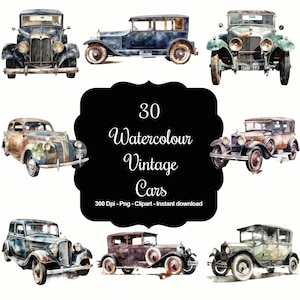 Elegancia clásica: conjunto de 30 imágenes prediseñadas de coches clásicos en acuarela