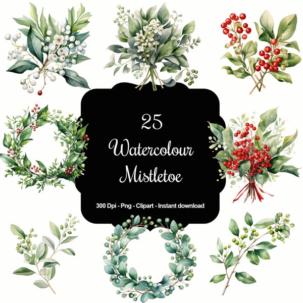 Mistletoe Moments: 25 Watercolour Holiday Mistletoe Clipart Set