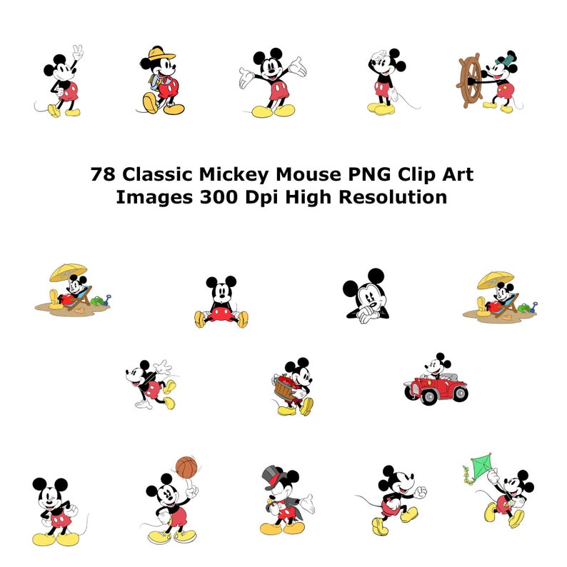 K&ouml;nnte beinhalten: Eine Sammlung von 78 klassischen Mickey Mouse-Bildern im PNG-Format. Die Bilder sind hochaufl&ouml;send und 300 dpi. Mickey Mouse ist in verschiedenen Posen und Aktivit&auml;ten dargestellt, darunter Basketball spielen, Auto fahren und am Strand entspannen.