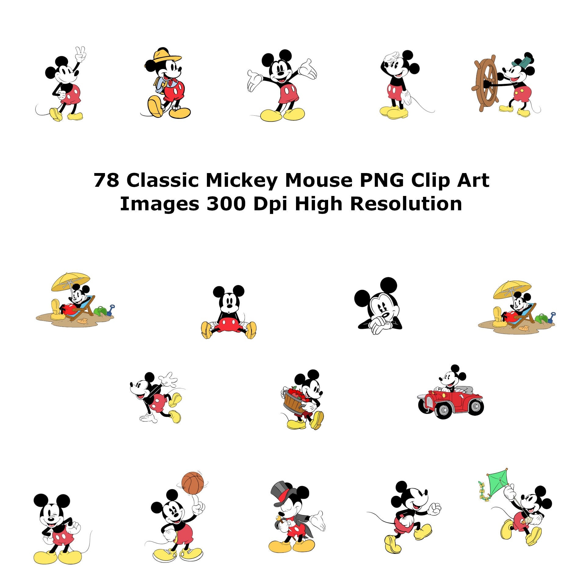 78 imágenes prediseñadas PNG de Mickey Mouse clásico con resolución alta de 300 ppp