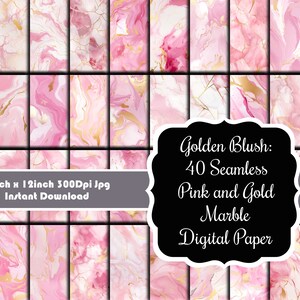 Golden Blush: Colección de 40 papeles digitales con diseño de mármol rosa y dorado sin costuras