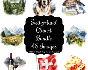 Swiss Serenade: 45 Watercolour Images Representing Switzerland Clipart Set