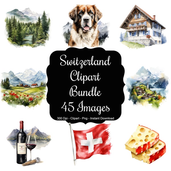 Swiss Serenade: 45 Watercolour Images Representing Switzerland Clipart Set