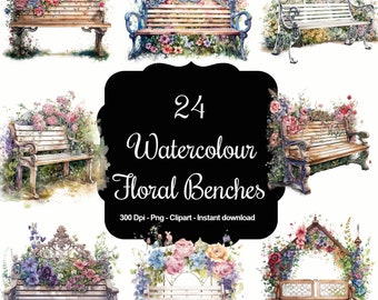 Springtime Serenity: 24 Watercolour Floral Garden Benches Clipart Set