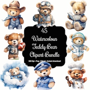 Teddy Talent: Pacote de clipart de ocupações, hobbies e esportes de ursos de pelúcia em aquarela - 45 designs