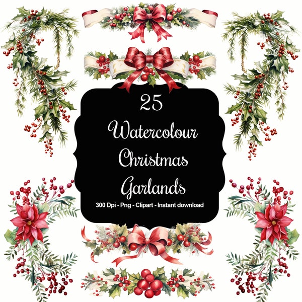 Frange festive: 25 clipart di ghirlande natalizie ad acquerello