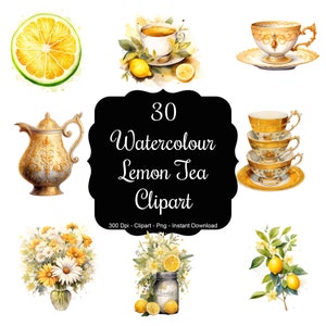 Serenidad cítrica: 30 conjunto de imágenes prediseñadas de té de limón en acuarela