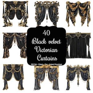 Victorian Noir: 40 Black Velvet Victorian Curtains Clipart Set
