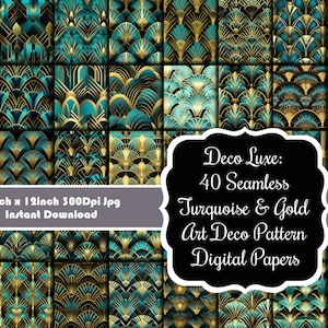 Deco Luxe: シームレスなターコイズ&ゴールドのアールデコ柄デジタルペーパー40枚セット