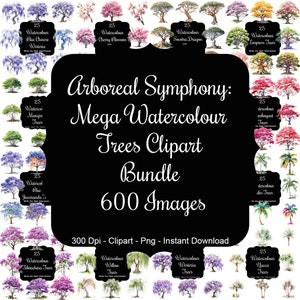 Arboreal Symphony: Mega Watercolour Trees Clipart Bundle - 600 Images