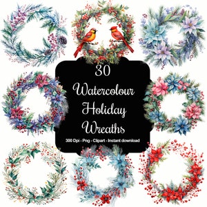 Winter Wreath Whimsy: 30 Watercolour Christmas Wreaths Clipart Set