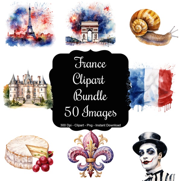 French Aquarelle: 50 Watercolour Images Representing France Clipart Bundle