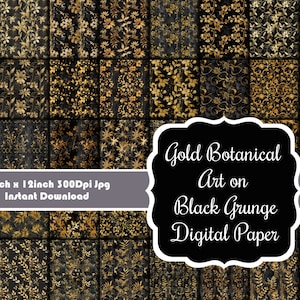 Golden Flora Noir: conjunto de 40 artes botânicas douradas perfeitas em papéis digitais pretos Grunge