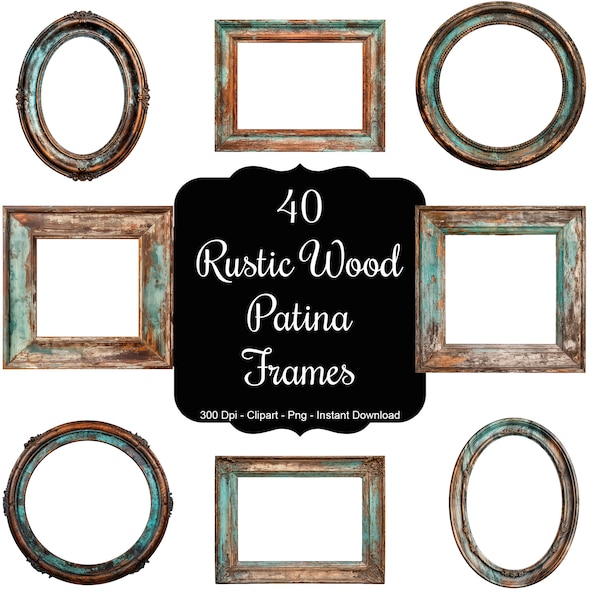 Vintage Timber Frames: 40 Rustic Wood Patina Frame Clipart Collection