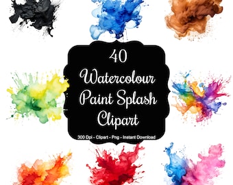 Colorburst Cascades: 40 Watercolour Paint Splashes Clipart Set