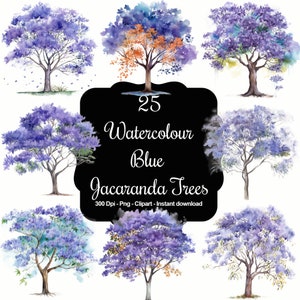 Blue Canopies: 25 Watercolour Blue Jacaranda Tree Clipart Collection - Ideal for Botanical Art, Floral-Themed Projects & More!