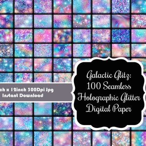 May include: 100 digital papers featuring holographic glitter in a variety of colors, including pink, blue, and purple. The papers are 12 inches by 12 inches and 300 dpi.