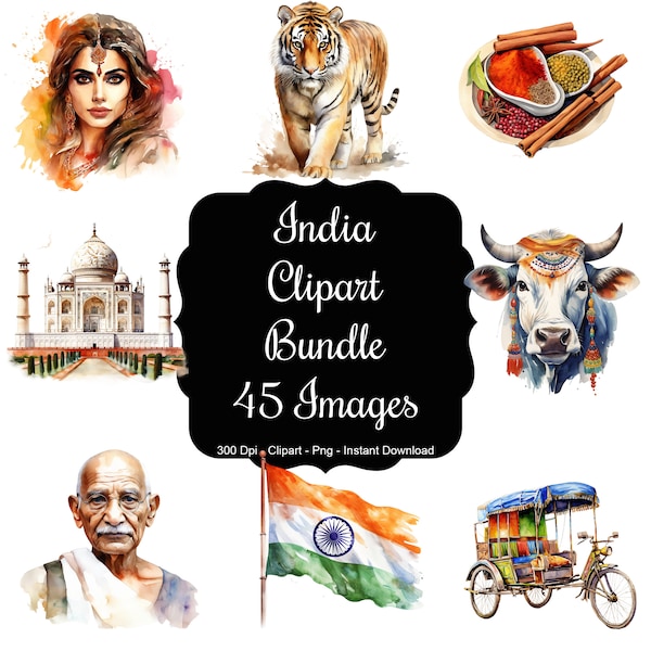 Indian Tapestry: 45 Watercolour Images Representing India Clipart Set
