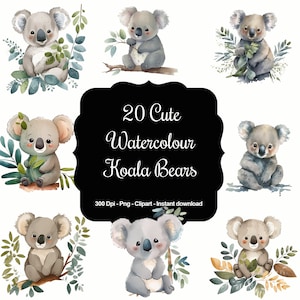 Koala Cuddles: 20 Watercolour Cute Koalas Clipart Set for Nursery Decor