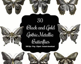 Gothic Black & Gold Metallic Glitter Butterflies Clipart Set