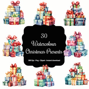 Gifts Galore: 30 Watercolour Holiday Pile of Christmas Presents Clipart Set