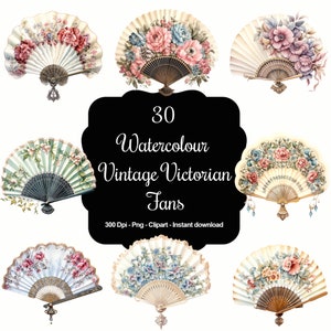 Élégance victorienne : ensemble de 30 cliparts d'éventails victoriens vintage à l'aquarelle