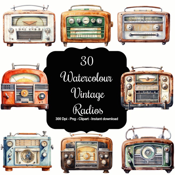 Retro golven: 30 aquarel vintage radio's clipart collectie