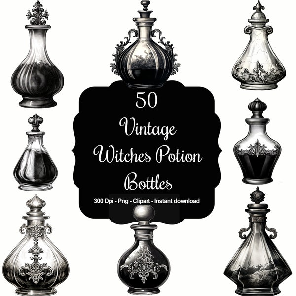 Mystic Apothecary: 50 Vintage Witches' Potion Bottles Clipart Collection