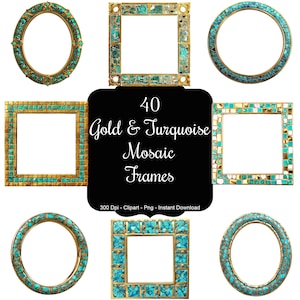 Könnte beinhalten: Set mit 40 goldenen und türkisfarbenen Mosaikrahmen. Die Rahmen sind in verschiedenen Formen, darunter Kreise und Quadrate. Die Rahmen sind perfekt, um jedem Projekt einen Hauch von Eleganz zu verleihen.
