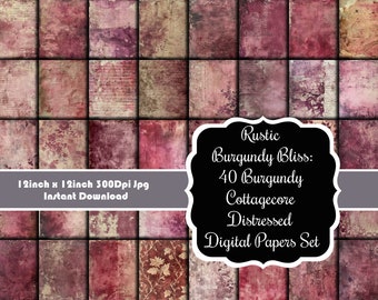 Rustic Burgundy Bliss: 40 Burgundy Cottagecore Distressed Digital Papers Set