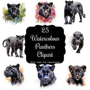 Puede incluir: Un conjunto de 25 imágenes de clipart de acuarela de panteras negras en varias poses. Las panteras se representan en un estilo realista con pelaje y marcas detalladas. Las imágenes son perfectas para usar en scrapbooking digital, creación de tarjetas y otros proyectos creativos.