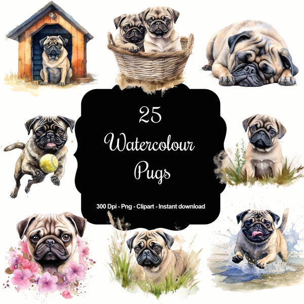 Pug Parade: 25 Watercolour Pugs Clipart Set