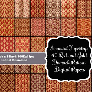 May include: A set of 40 digital papers featuring red and gold damask patterns. The patterns are intricate and elegant, and they would be perfect for use in scrapbooking, card making, or other crafting projects. The papers are 12 inches by 12 inches and 300 dpi.