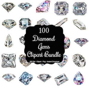 May include: A collection of 100 diamond gem clipart images. The diamonds are in various shapes and sizes, including round, square, and pear. The diamonds are all sparkling and have a realistic look. 300 Dpi - Clipart - Png - Instant Download.