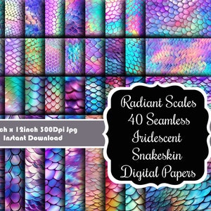 May include: 40 digital papers featuring iridescent snakeskin patterns in shades of blue, purple, and green. Each paper is 12 inches by 12 inches and 300 dpi.