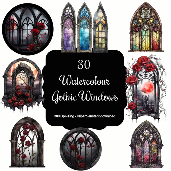 Whispers of the Past: 30 Watercolour Gothic Windows Clipart Set