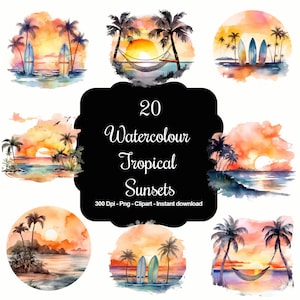 Tropical Twilight: 20 clipartcollectie aquarel tropische zonsondergang
