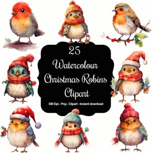 Pájaros cantores navideños: 25 imágenes prediseñadas festivas de acuarela de Robin