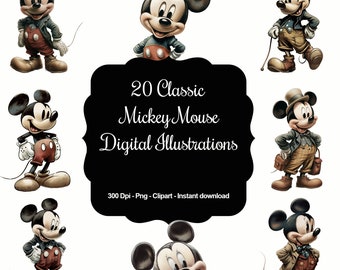 20 Classic Mickey Mouse Digital Illustrations, High Quality Clipart, Instant Download, 300 Dpi, Transparent PNG Files, Commercial use