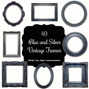 Élégance intemporelle : 40 cadres clipart vintage bleus et argent