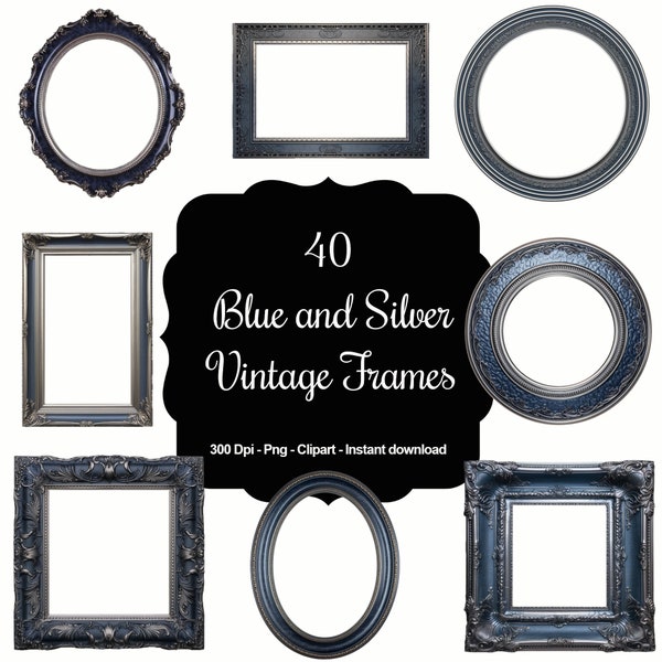 Timeless Elegance: 40 Blue & Silver Vintage Clipart Frames Collection