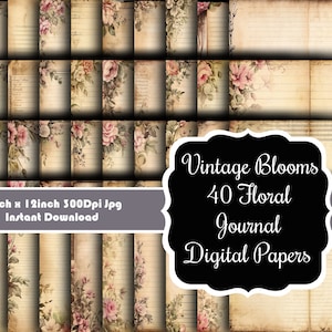 Vintage Blooms: 40 fogli digitali a righe a doppia pagina per diario floreale