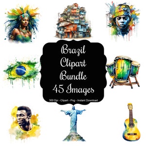 ブラジルの筆遣い: ブラジルを表現した水彩画 45 点のクリップアート セット