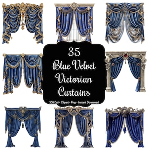 Elegancia de terciopelo azul: Set de 35 cortinas victorianas de terciopelo azul