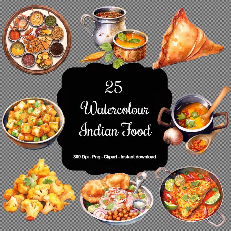 May include: A collection of 25 watercolor illustrations of Indian food, including dishes like samosas, curries, and vegetables. The illustrations are vibrant and colorful, and they would be perfect for use in cookbooks, menus, or other food-related projects.