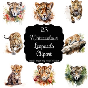 May include: A set of 25 watercolor leopard clipart images. The leopards are depicted in various poses, including walking, lying down, and sitting. The images are perfect for use in digital scrapbooking, card making, and other craft projects.