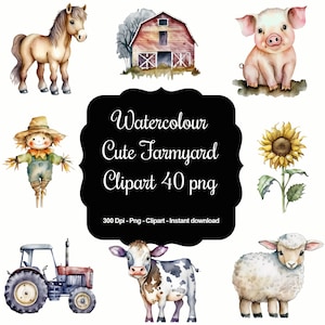 Bauernhof Fröhliches: Süßes Aquarell Clipart, Bauernhof Tiere & Zubehör